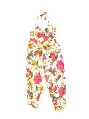 Farm Rio Floral Halter Jumpsuit With Tropical Bird Print Adjustable Straps, Size